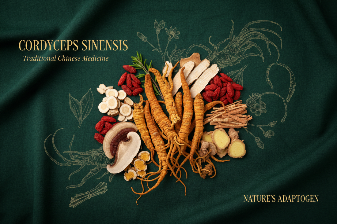 Cordyceps mushroom and complementary TCM herbs representing traditional Chinese medicine support for energy, immunity and respiratory health