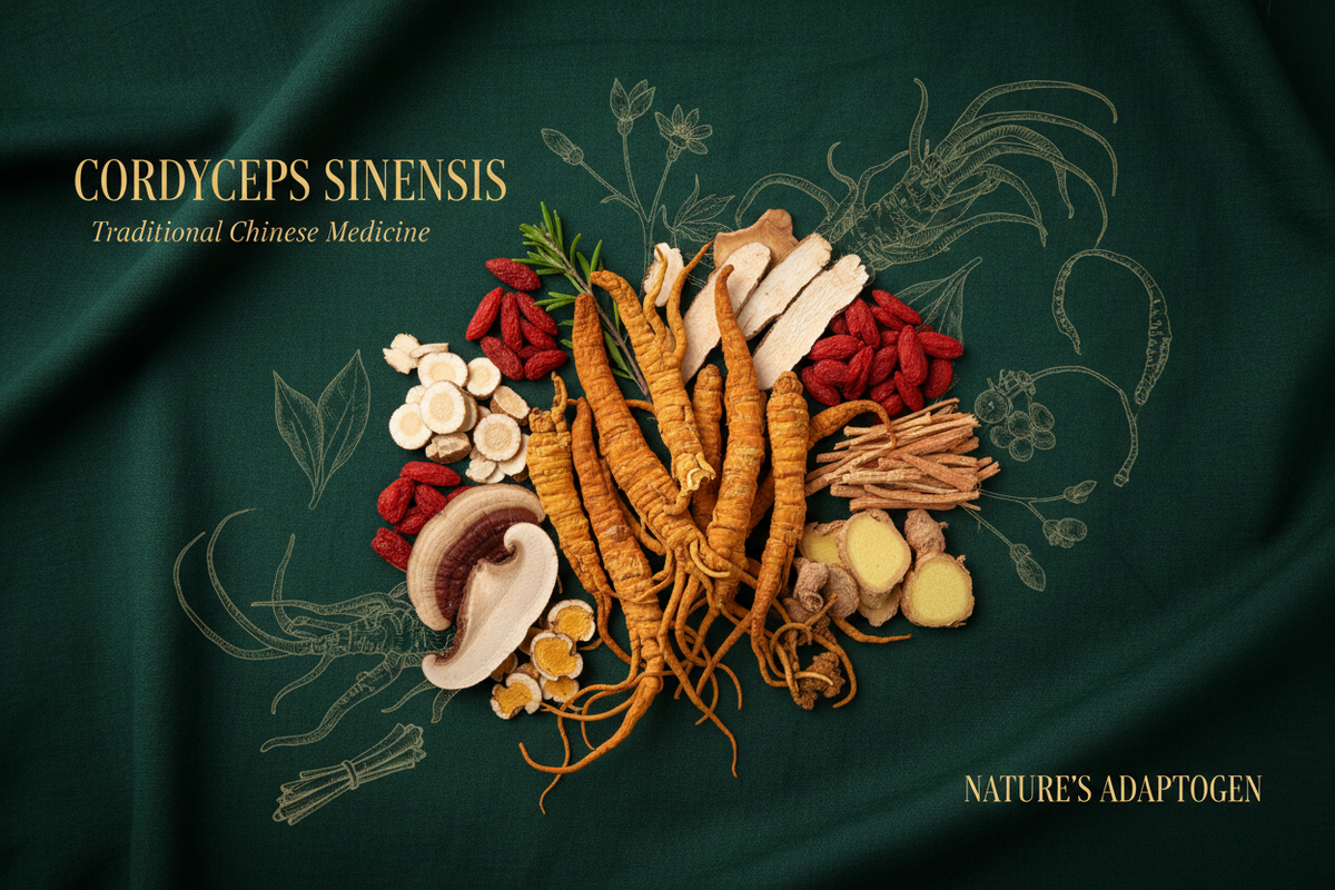 Cordyceps mushroom and complementary TCM herbs representing traditional Chinese medicine support for energy, immunity and respiratory health