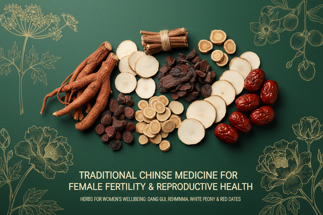 Chinese medicinal herbs for female fertility including Dang Gui, Rehmannia and White Peony representing TCM support for reproductive health and hormonal balance