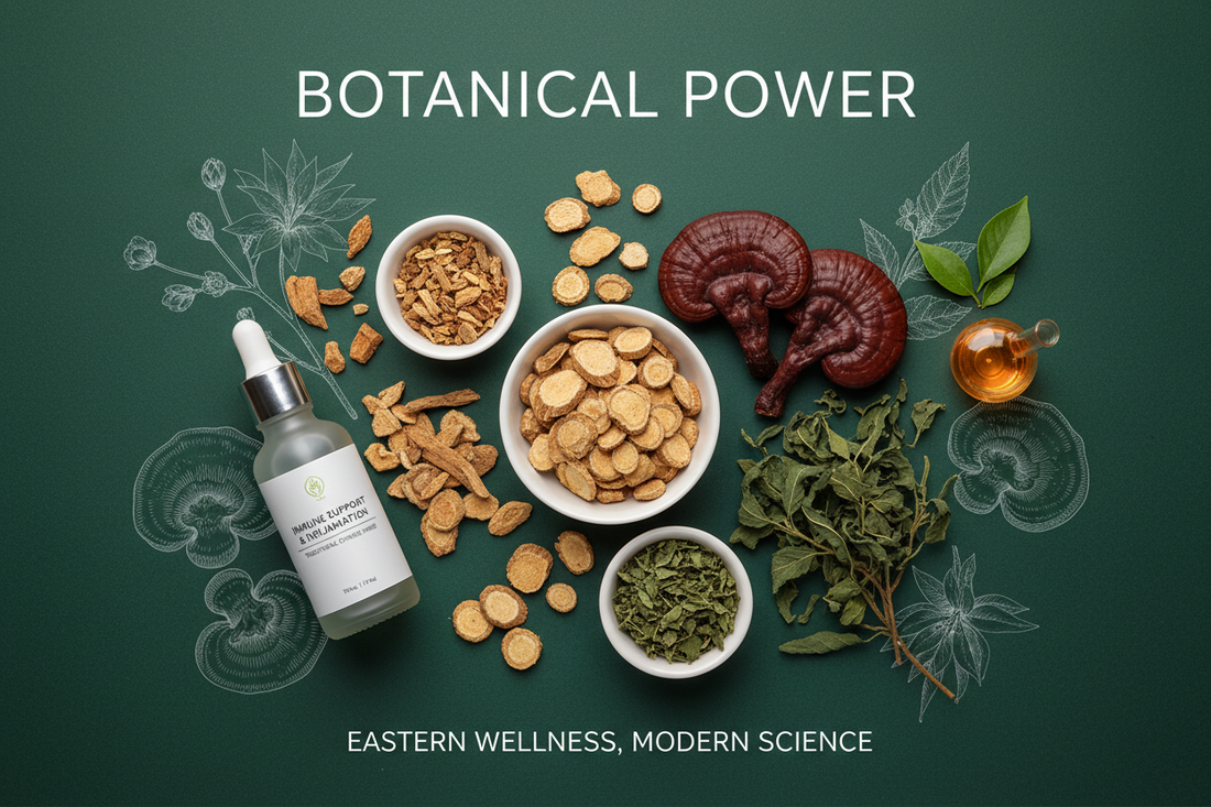 Chinese medicinal herbs for immune support including Astragalus, Reishi mushroom and Andrographis representing TCM natural remedies for immunity and inflammation
