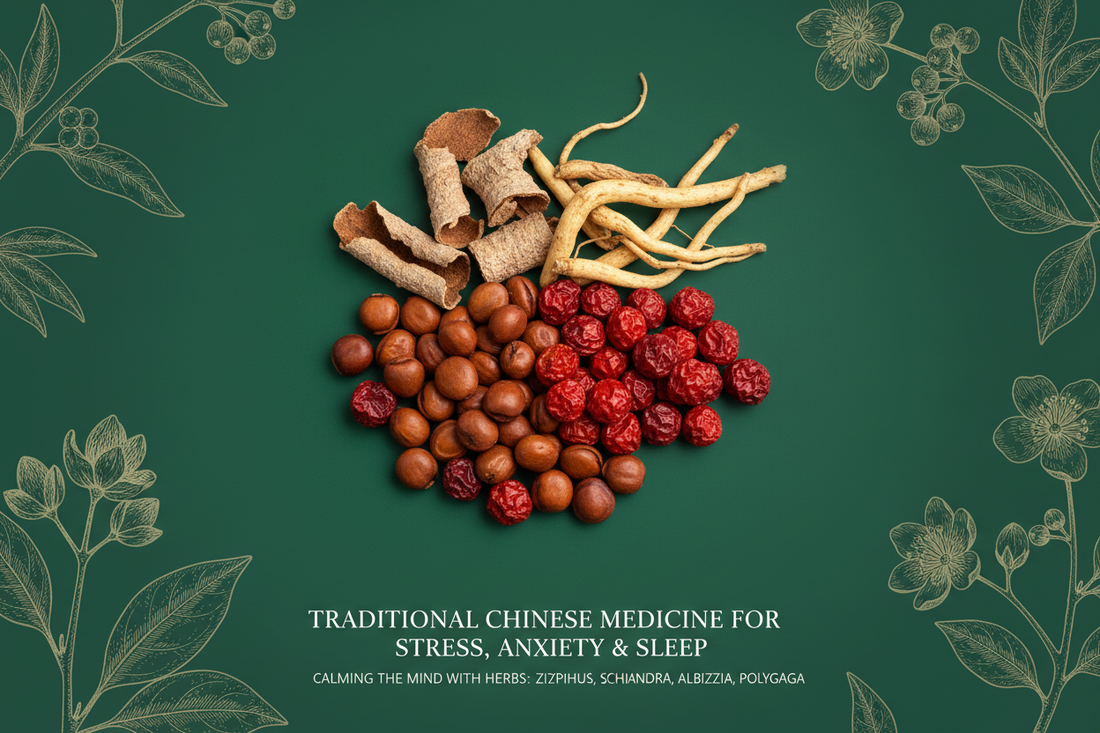 Chinese medicinal herbs for stress and sleep including Ziziphus seeds, Schisandra berries and Albizzia bark representing TCM natural remedies for anxiety and insomnia