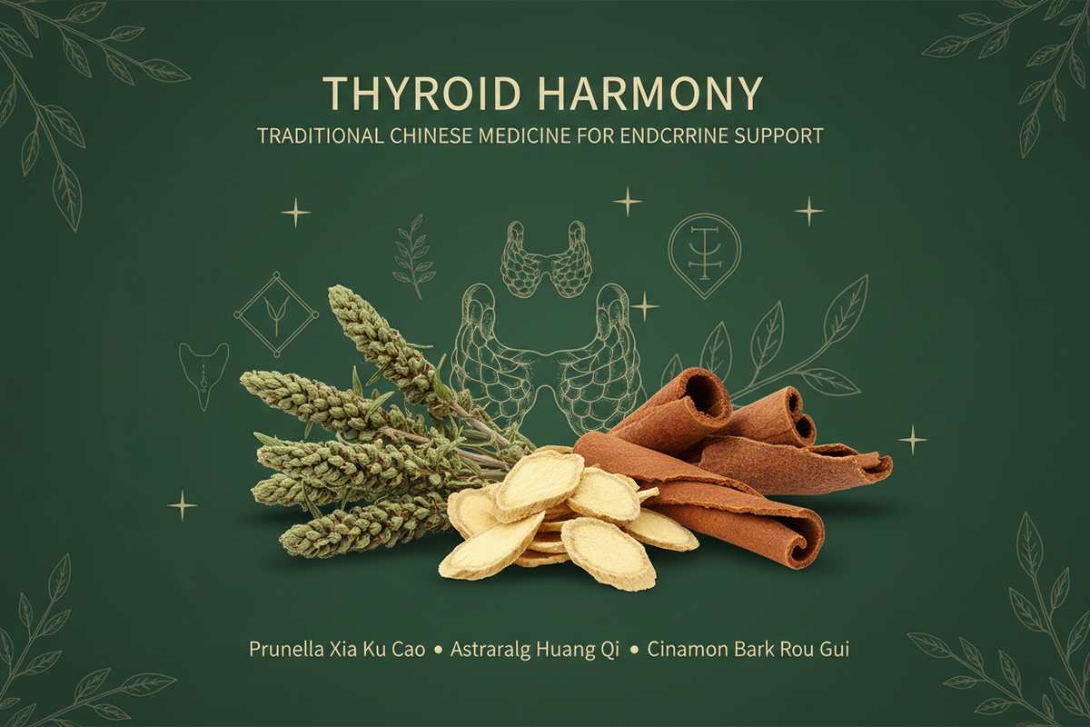 Chinese medicinal herbs for thyroid health including Prunella, Astragalus and Cinnamon Bark representing TCM herbal support for hypothyroidism and hyperthyroidism