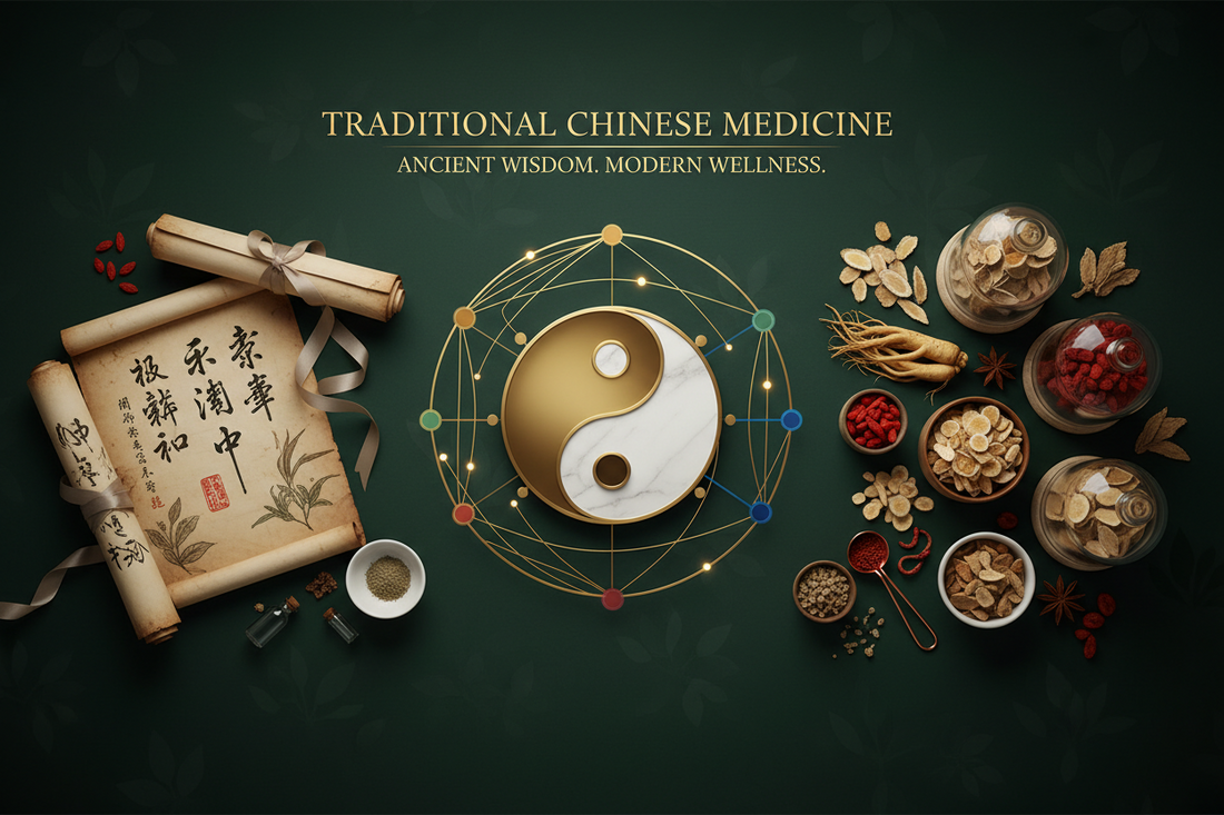 Traditional Chinese Medicine herbs including ginseng, astragalus, reishi mushroom and botanical ingredients representing TCM healing principles for holistic health and wellness